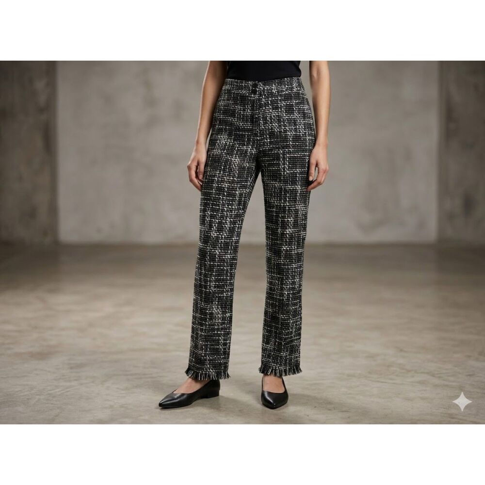 Luciano Dantè Black & White Tweed Trousers Women's Size 8 Fringed Hem Office EUC